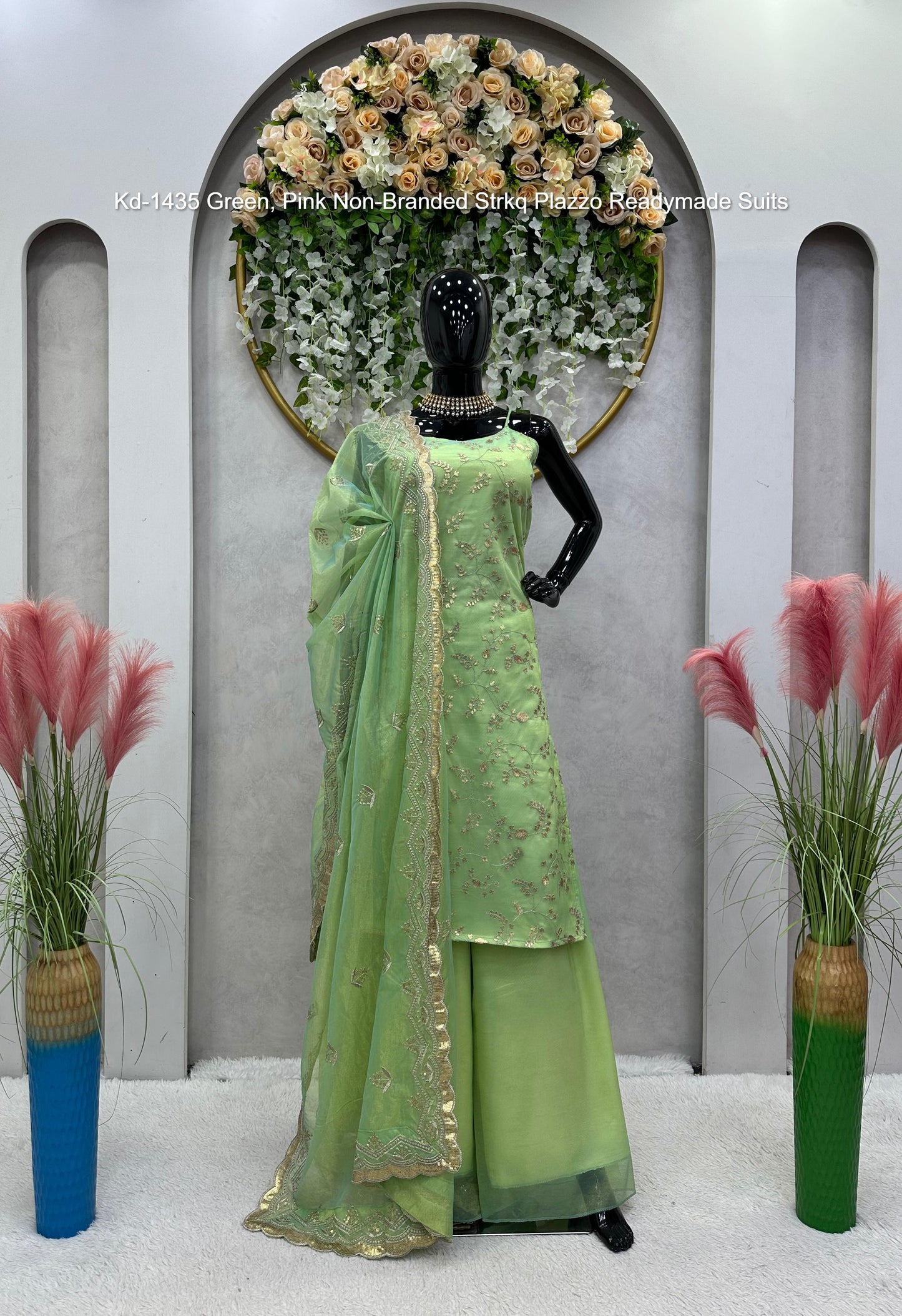 Kd-1435 Green, Pink Non-Branded Strkq Plazzo Readymade Suits