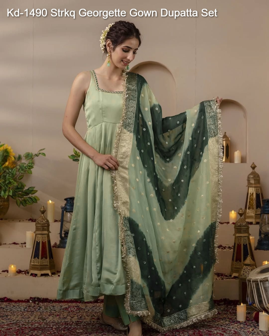 Kd-1490 Strkq Georgette Gown Dupatta Set