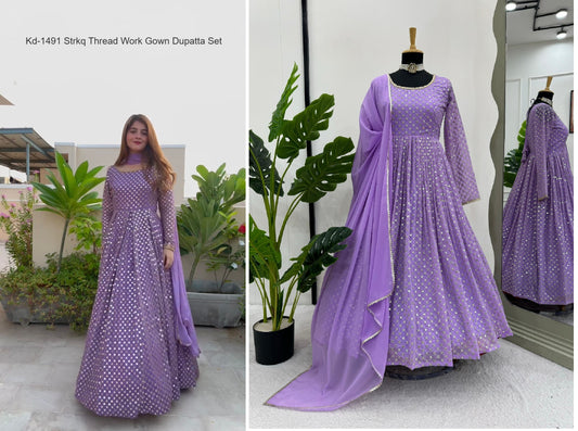 Kd-1491 Strkq Thread Work Gown Dupatta Set