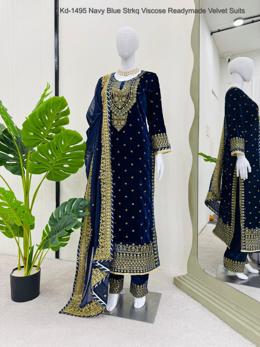Kd-1495 Navy Blue Strkq Viscose Readymade Velvet Suits