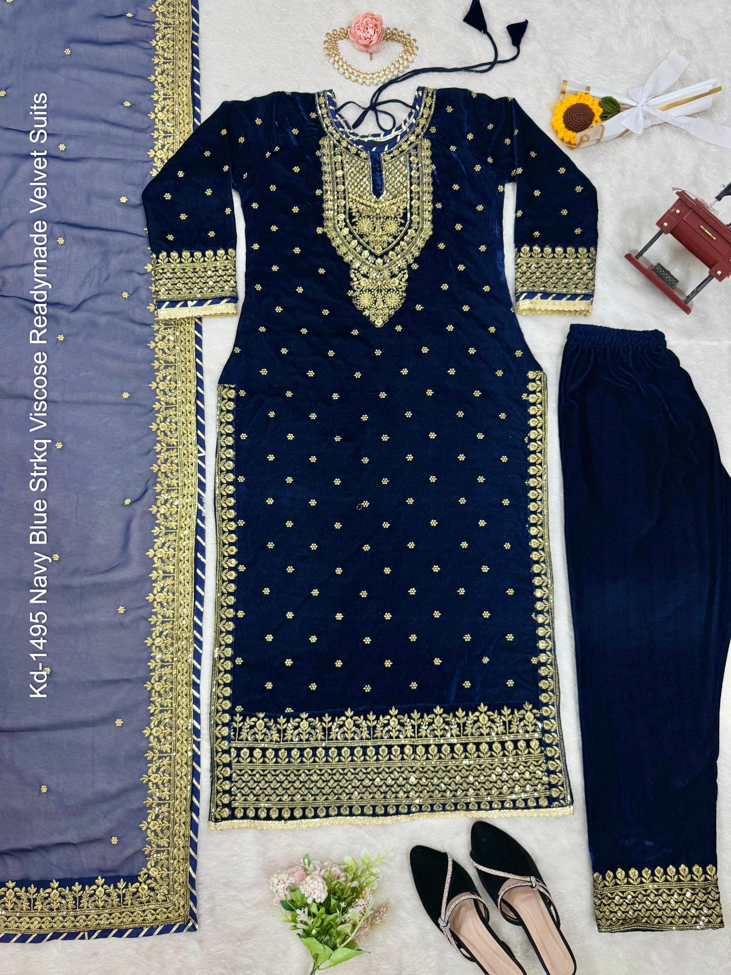 Kd-1495 Navy Blue Strkq Viscose Readymade Velvet Suits