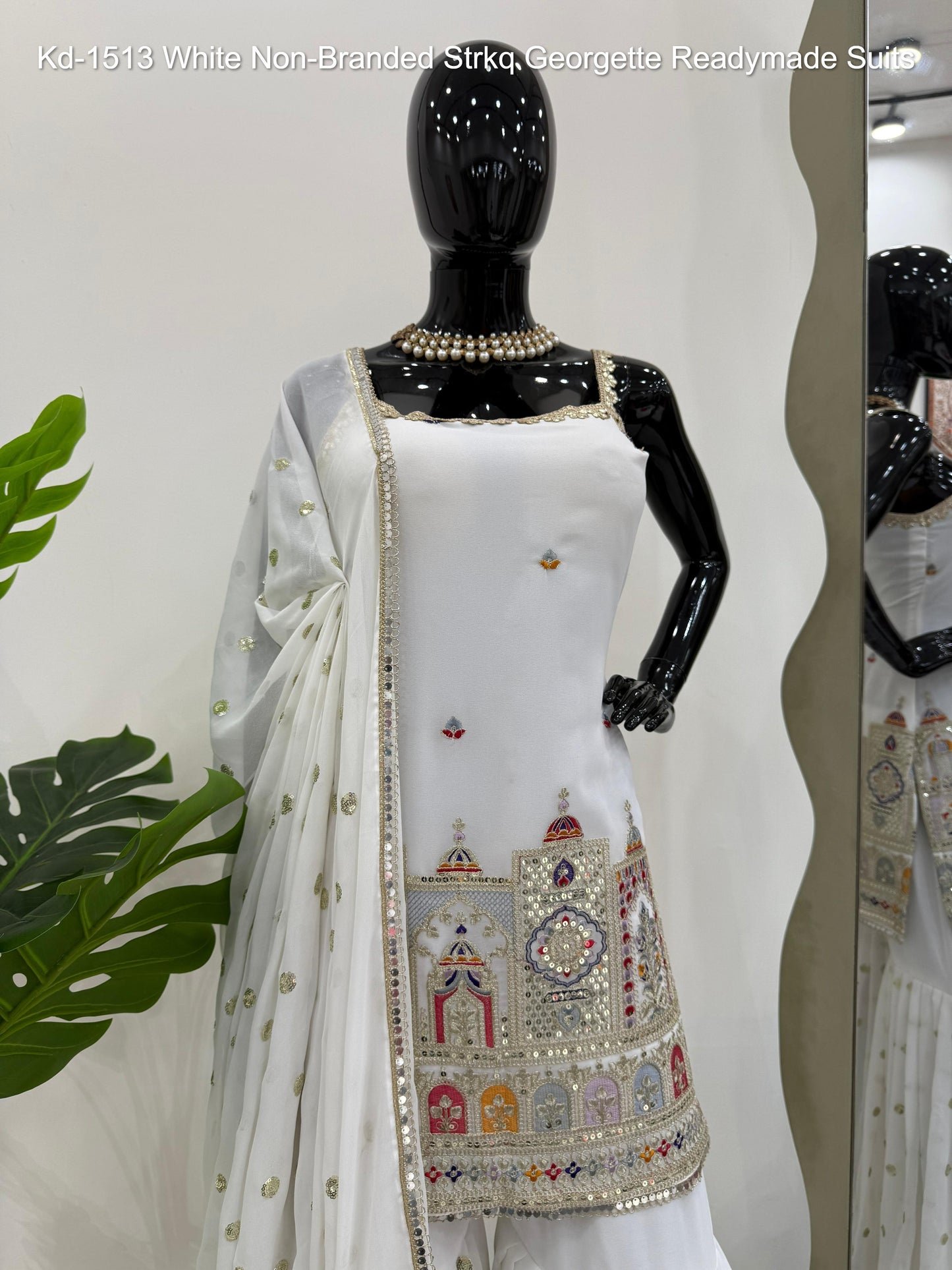 Kd-1513 White Non-Branded Strkq Georgette Readymade Suits