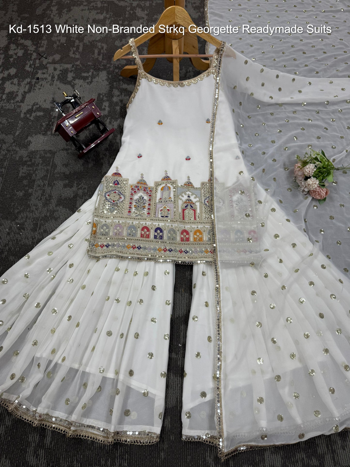 Kd-1513 White Non-Branded Strkq Georgette Readymade Suits
