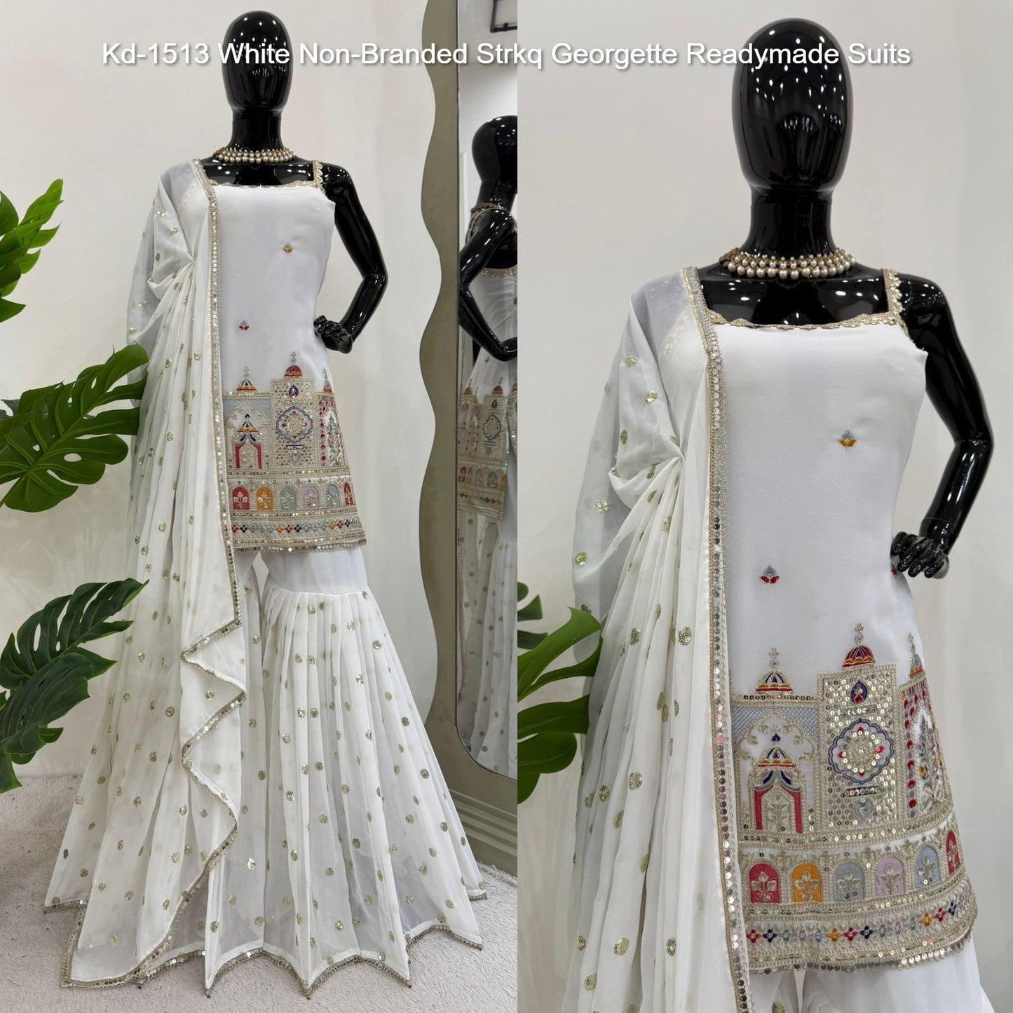 Kd-1513 White Non-Branded Strkq Georgette Readymade Suits
