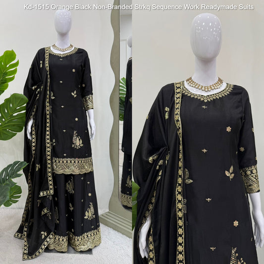 Kd-1515 Orange Black Non-Branded Strkq Sequence Work Readymade Suits