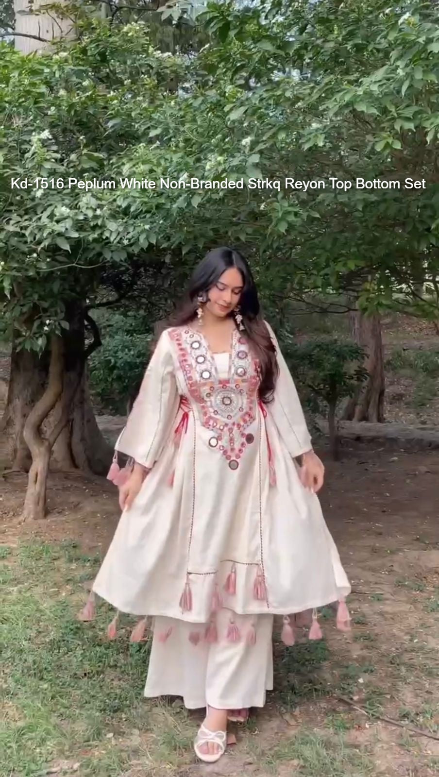 Kd-1516 Peplum White Non-Branded Strkq Reyon Top Bottom Set