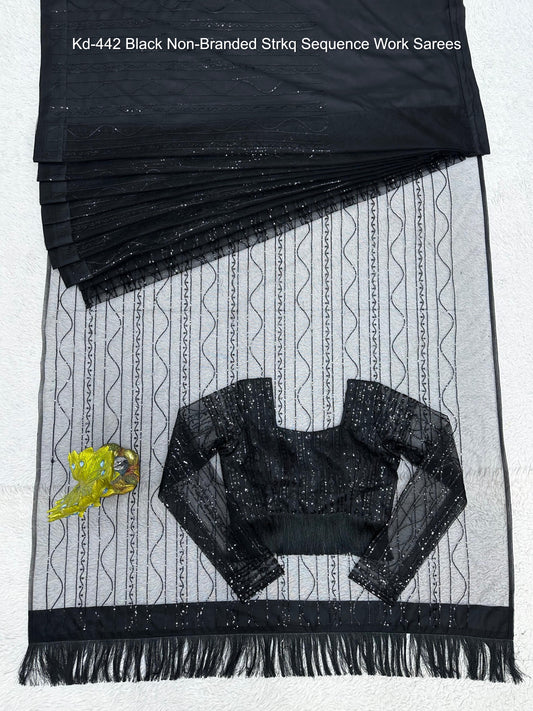 Kd-442 Black Non-Branded Strkq Sequence Work Sarees