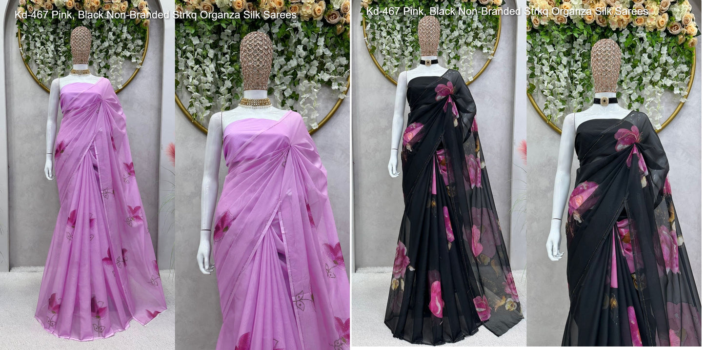 Kd-467 Pink, Black Non-Branded Strkq Organza Silk Sarees
