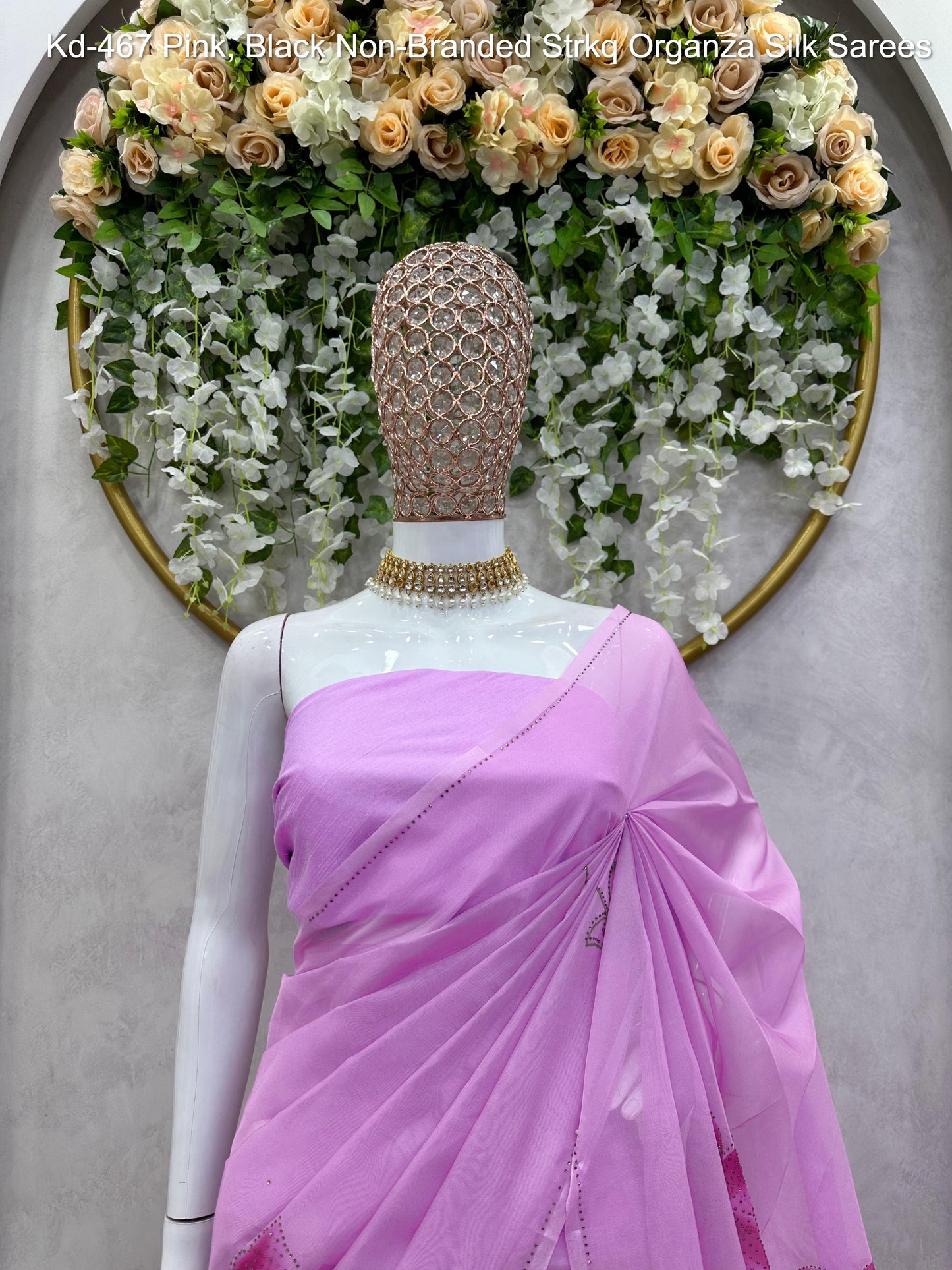 Kd-467 Pink, Black Non-Branded Strkq Organza Silk Sarees