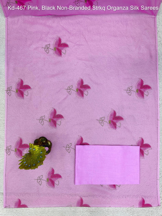 Kd-467 Pink, Black Non-Branded Strkq Organza Silk Sarees