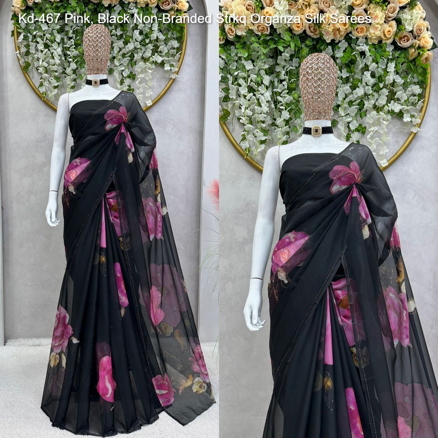 Kd-467 Pink, Black Non-Branded Strkq Organza Silk Sarees