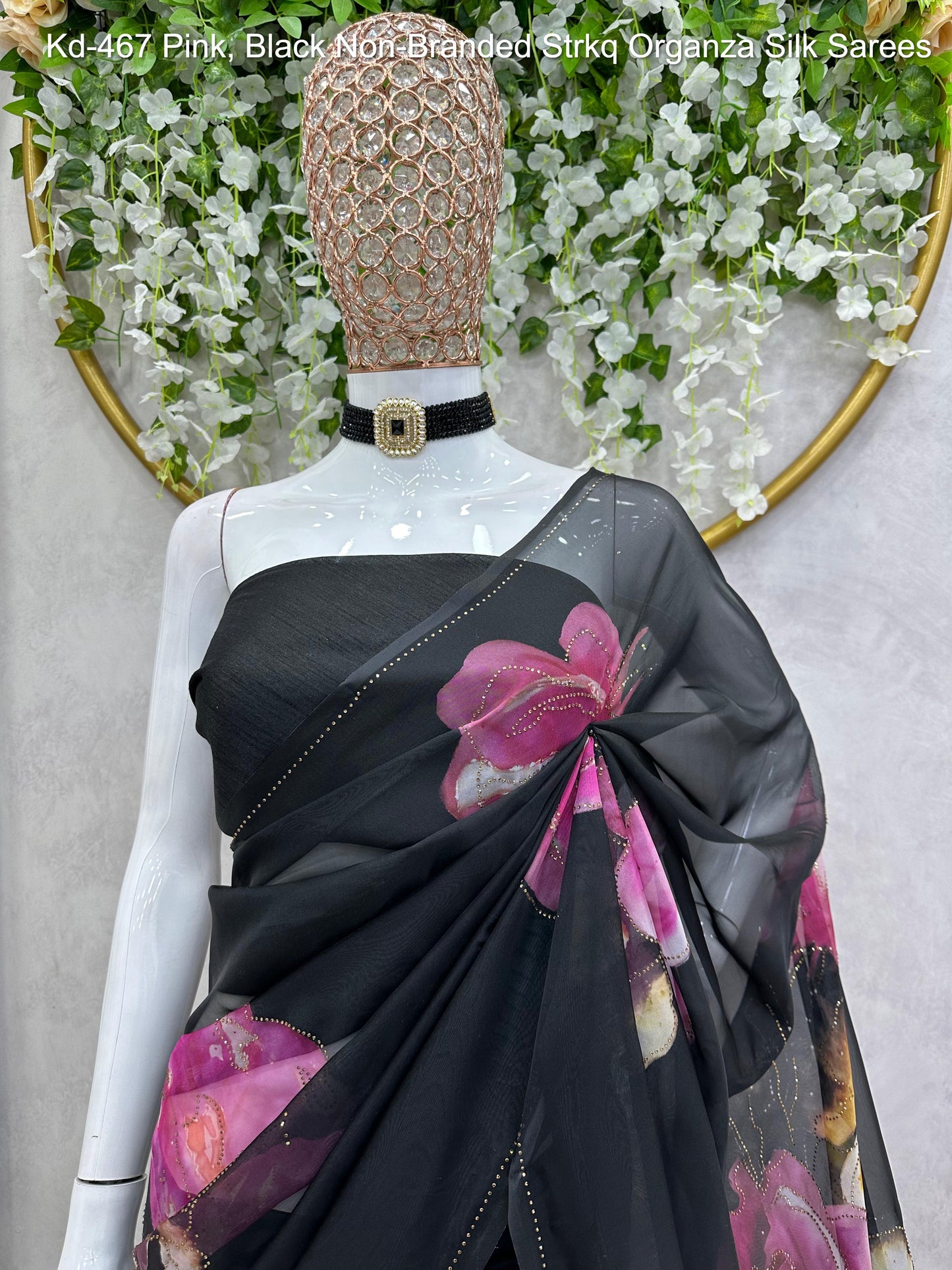 Kd-467 Pink, Black Non-Branded Strkq Organza Silk Sarees