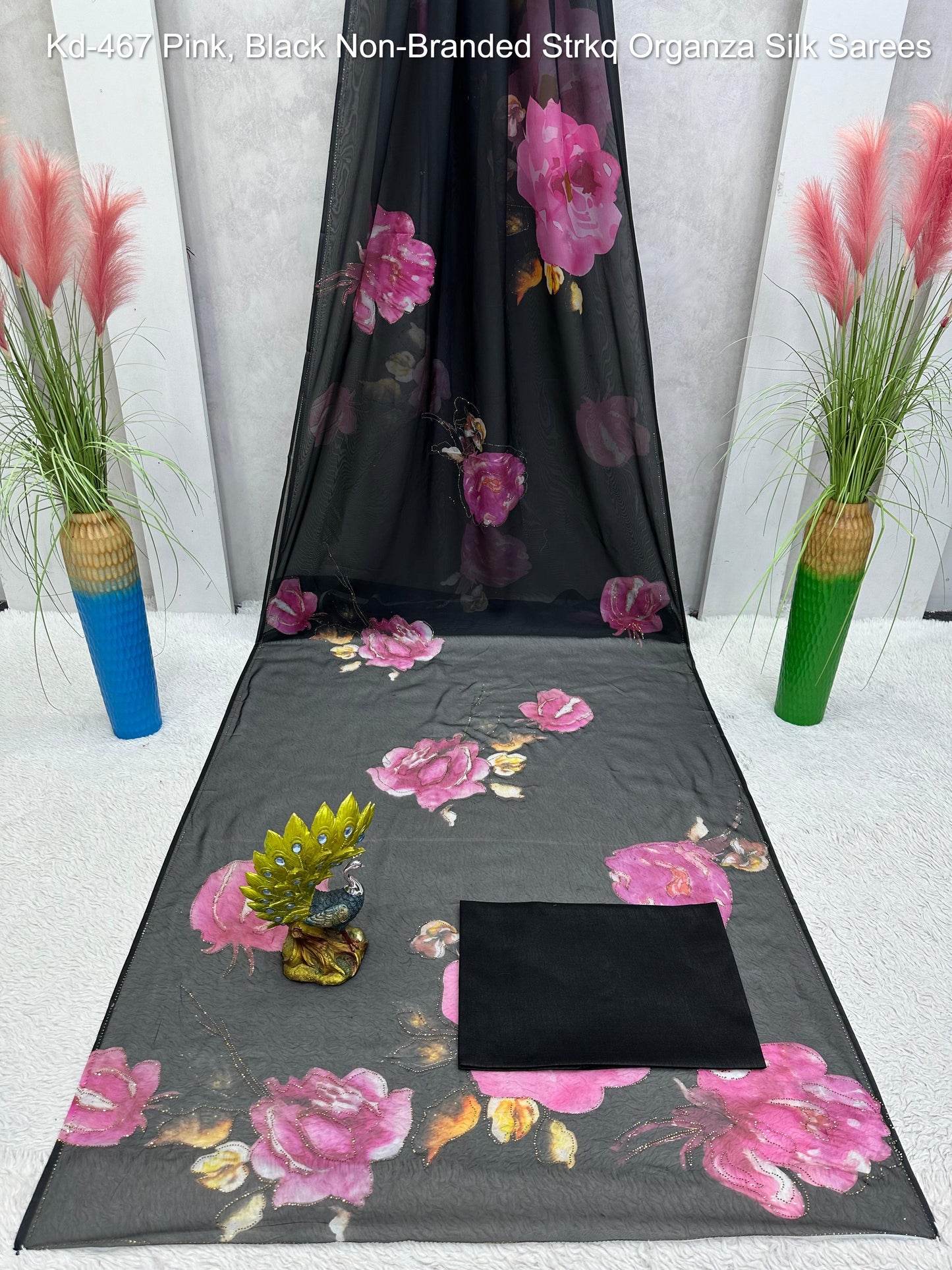 Kd-467 Pink, Black Non-Branded Strkq Organza Silk Sarees