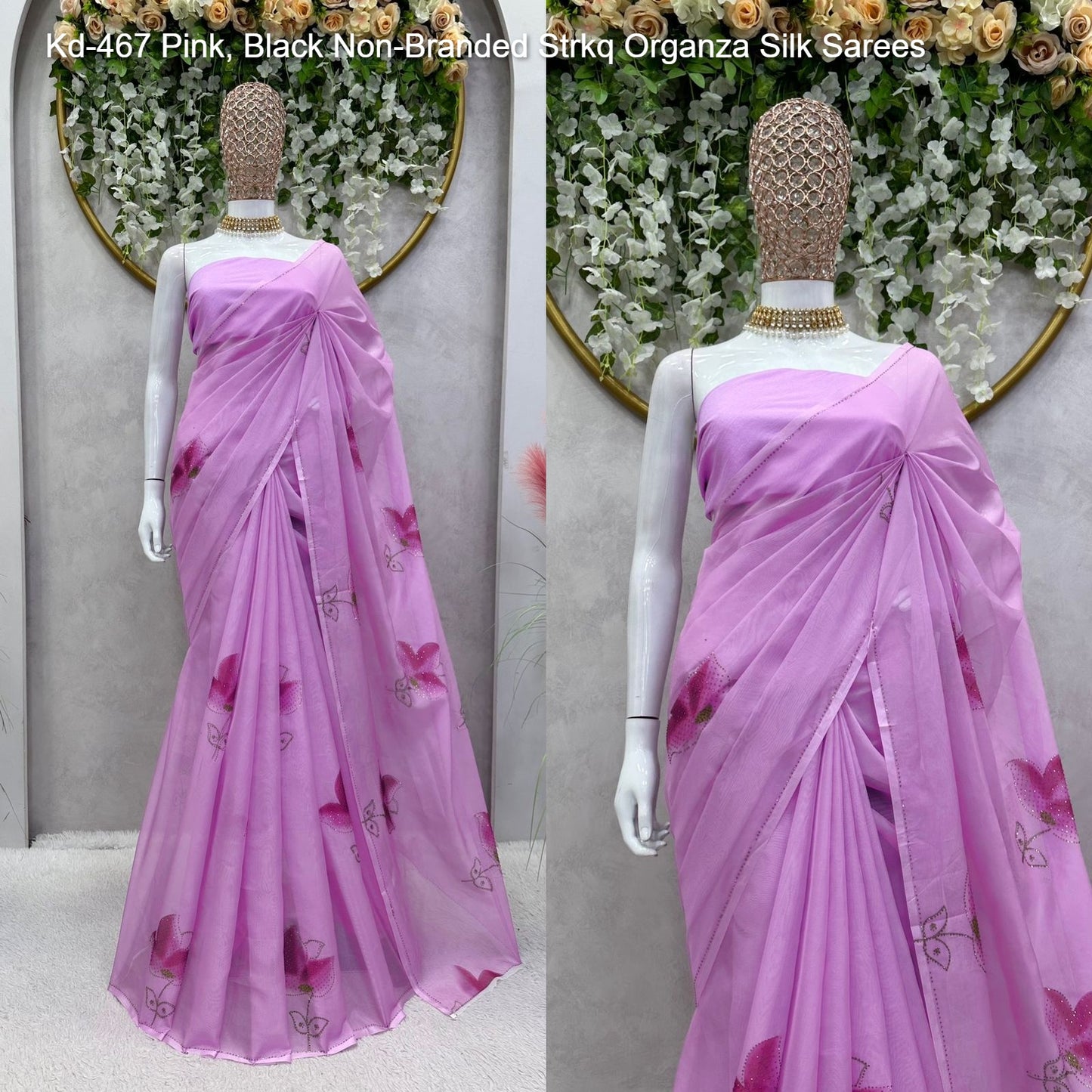 Kd-467 Pink, Black Non-Branded Strkq Organza Silk Sarees