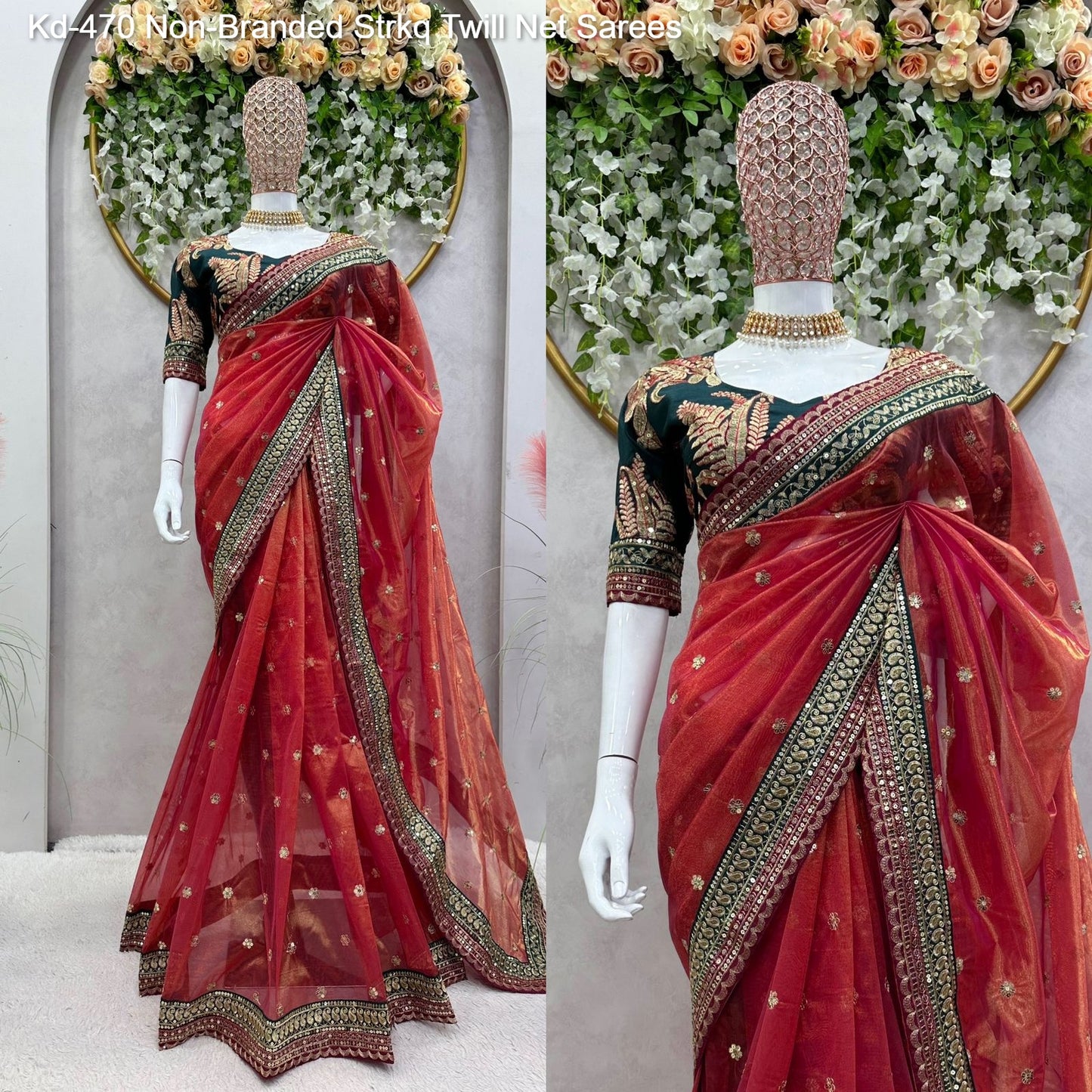 Kd-470 Non-Branded Strkq Twill Net Sarees