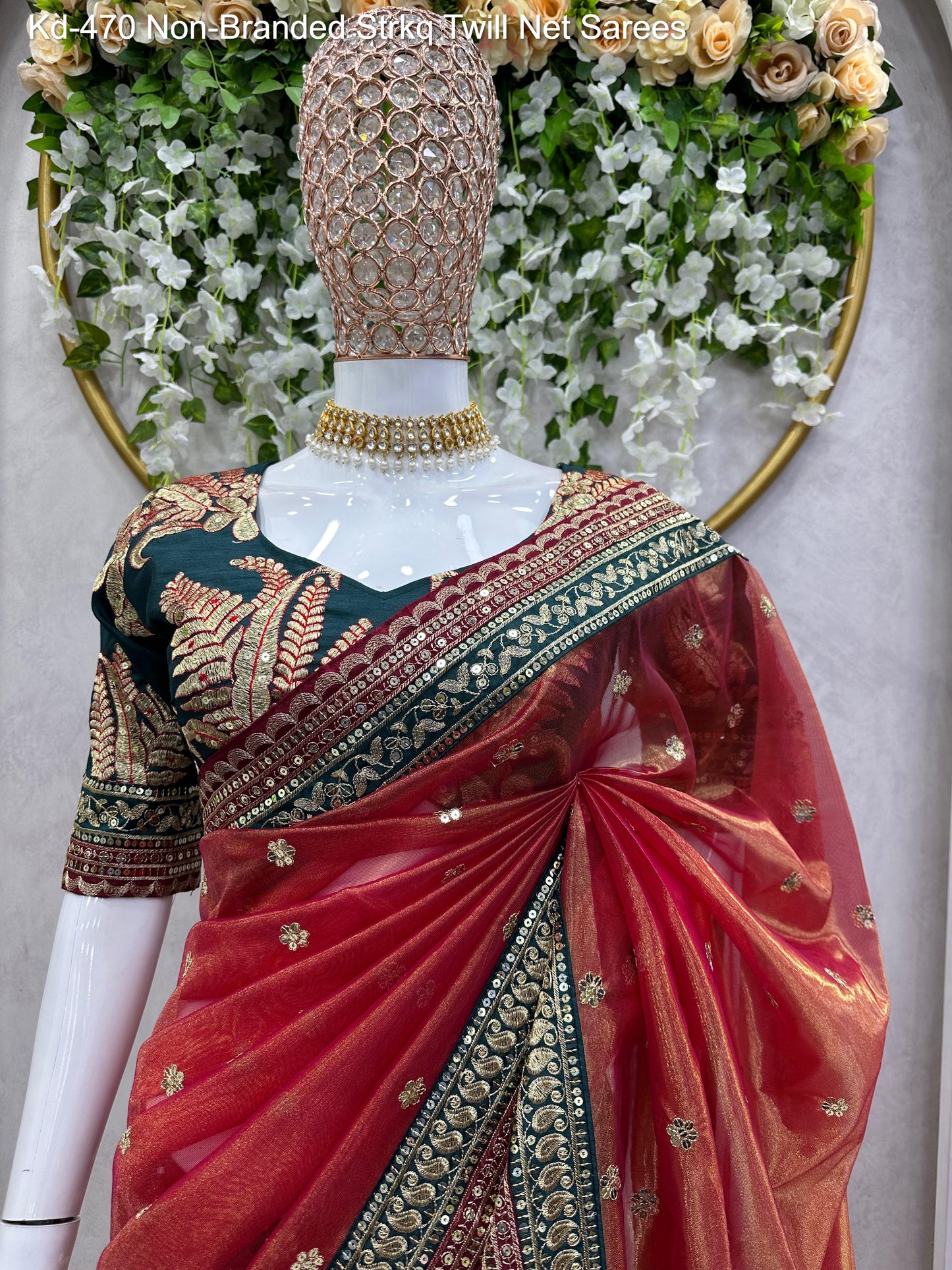 Kd-470 Non-Branded Strkq Twill Net Sarees