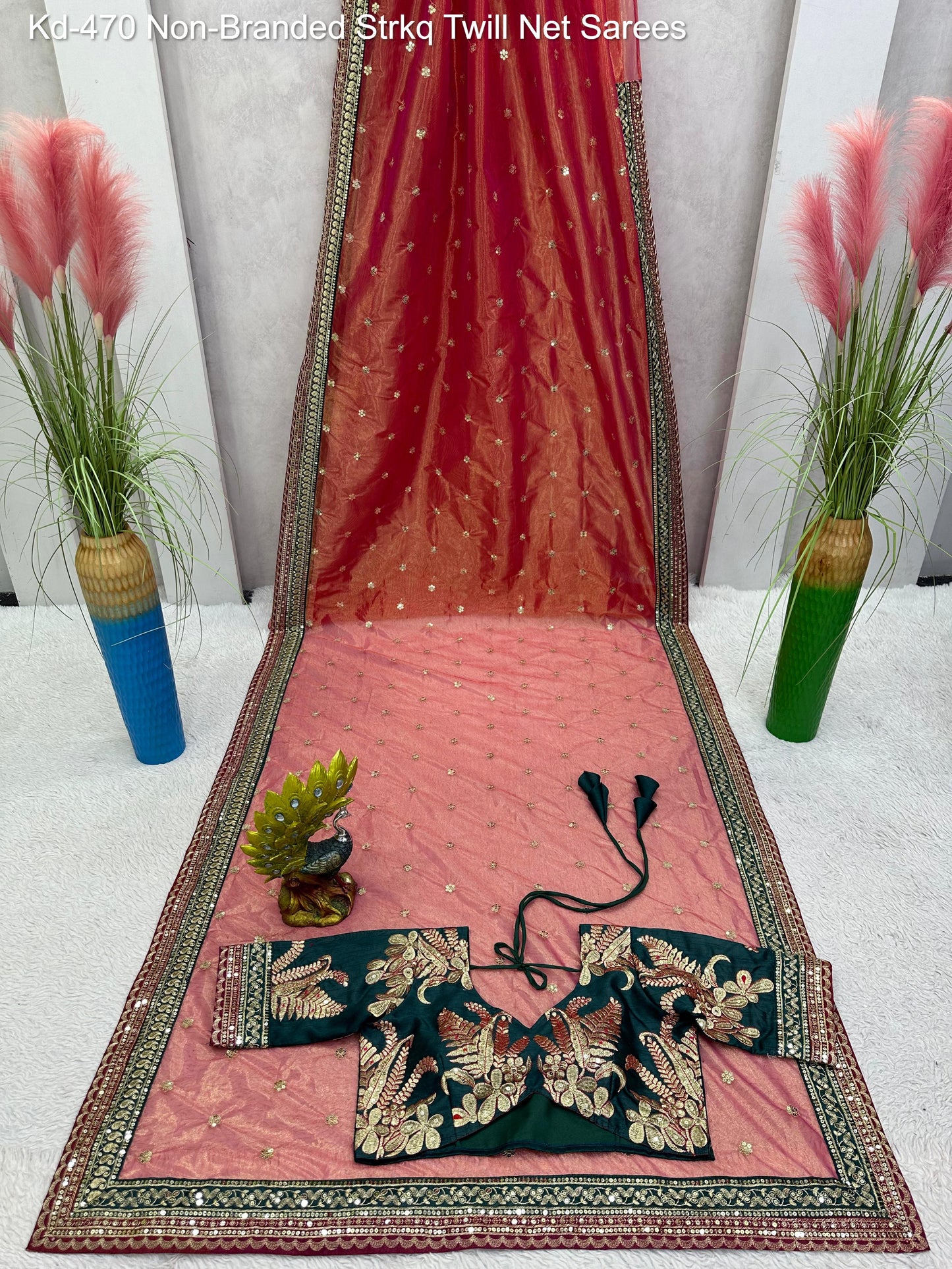 Kd-470 Non-Branded Strkq Twill Net Sarees