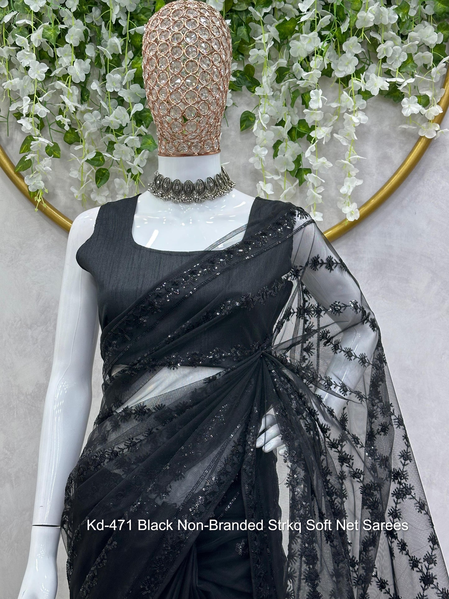 Kd-471 Black Non-Branded Strkq Soft Net Sarees