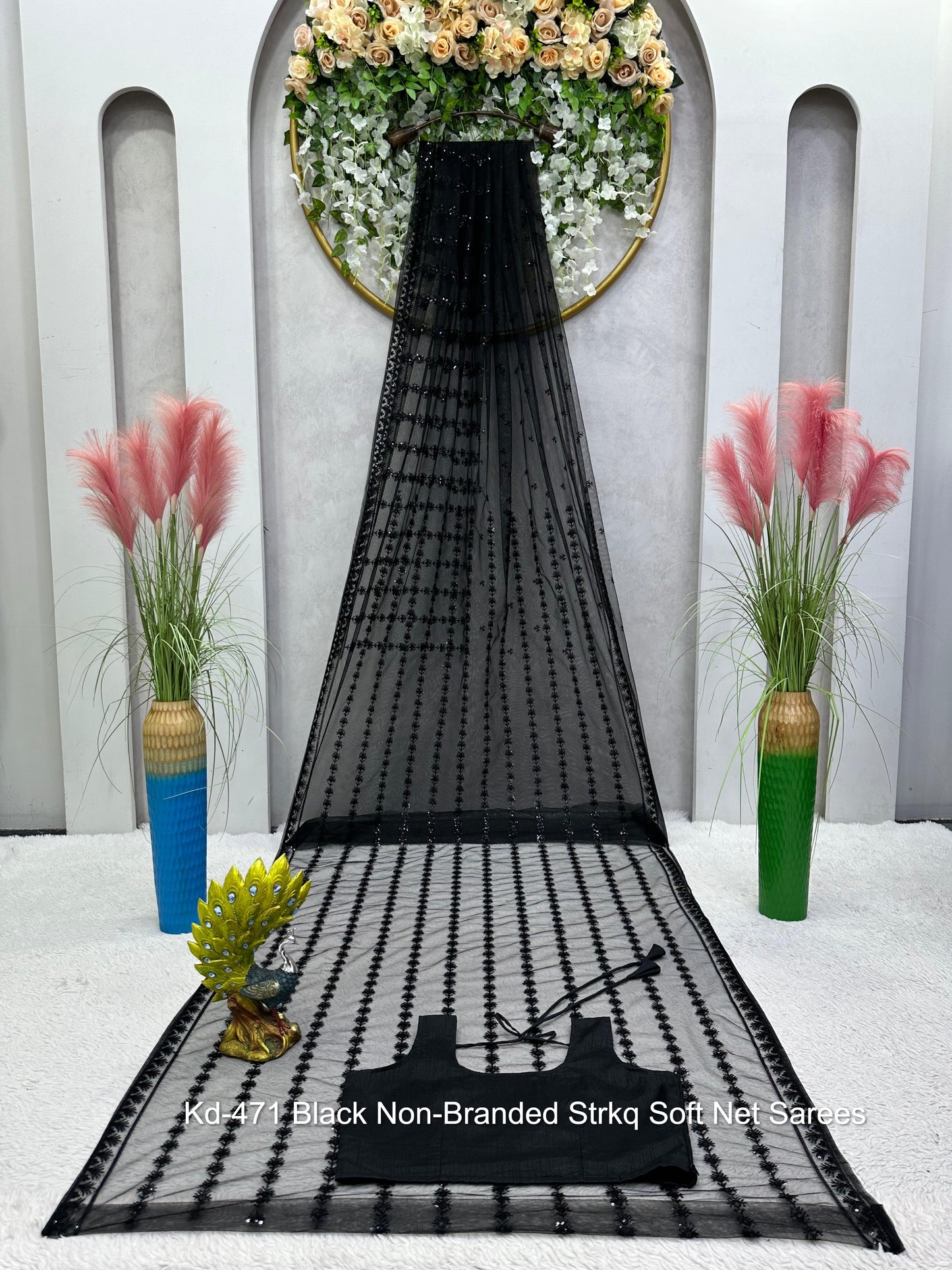 Kd-471 Black Non-Branded Strkq Soft Net Sarees