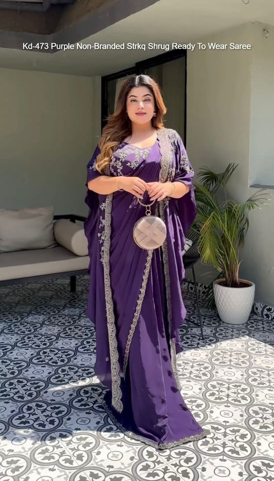 Kd-473 Purple Non-Branded Strkq Shrug Ready To Wear Saree