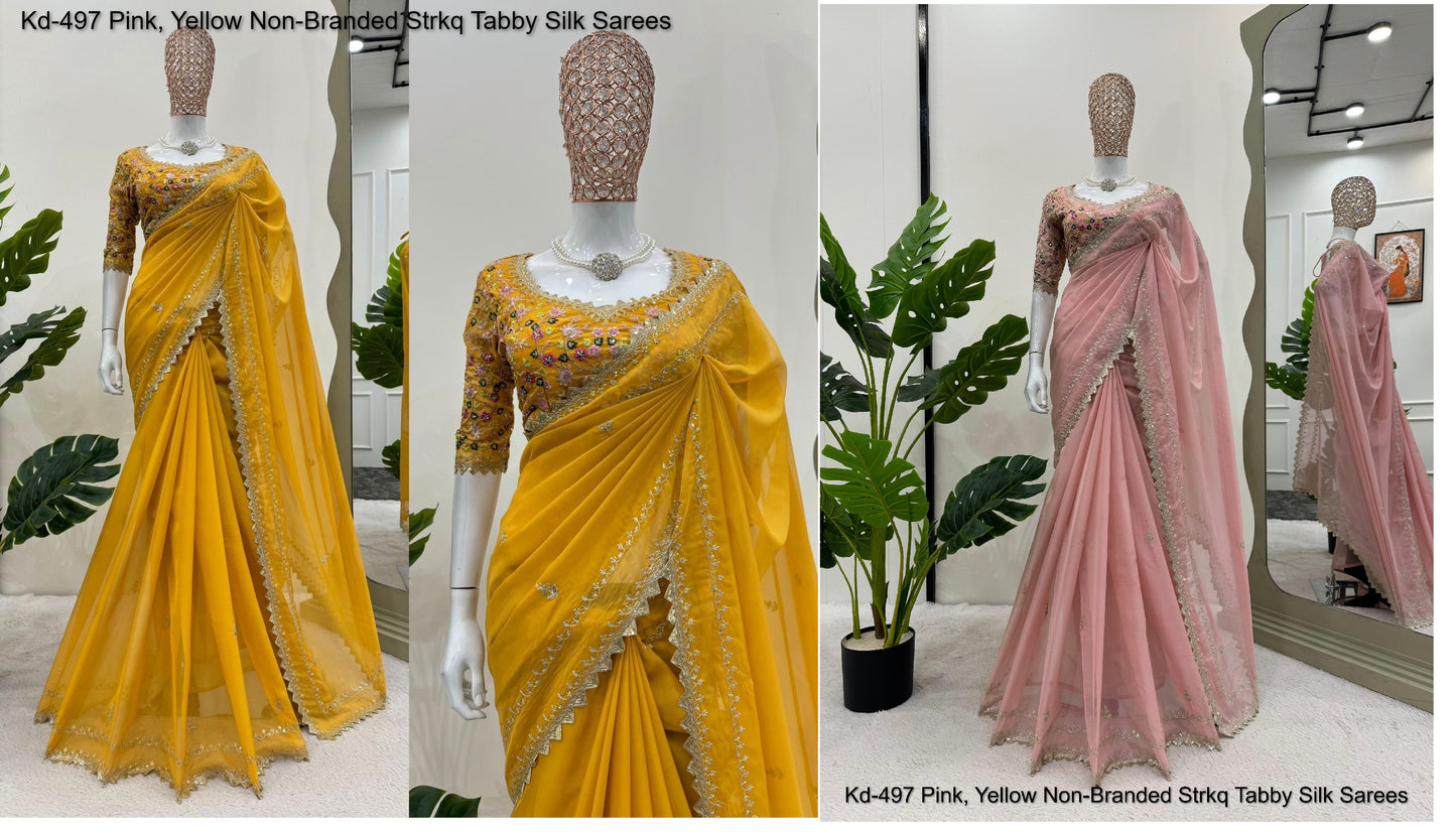 Kd-497 Pink, Yellow Non-Branded Strkq Tabby Silk Sarees