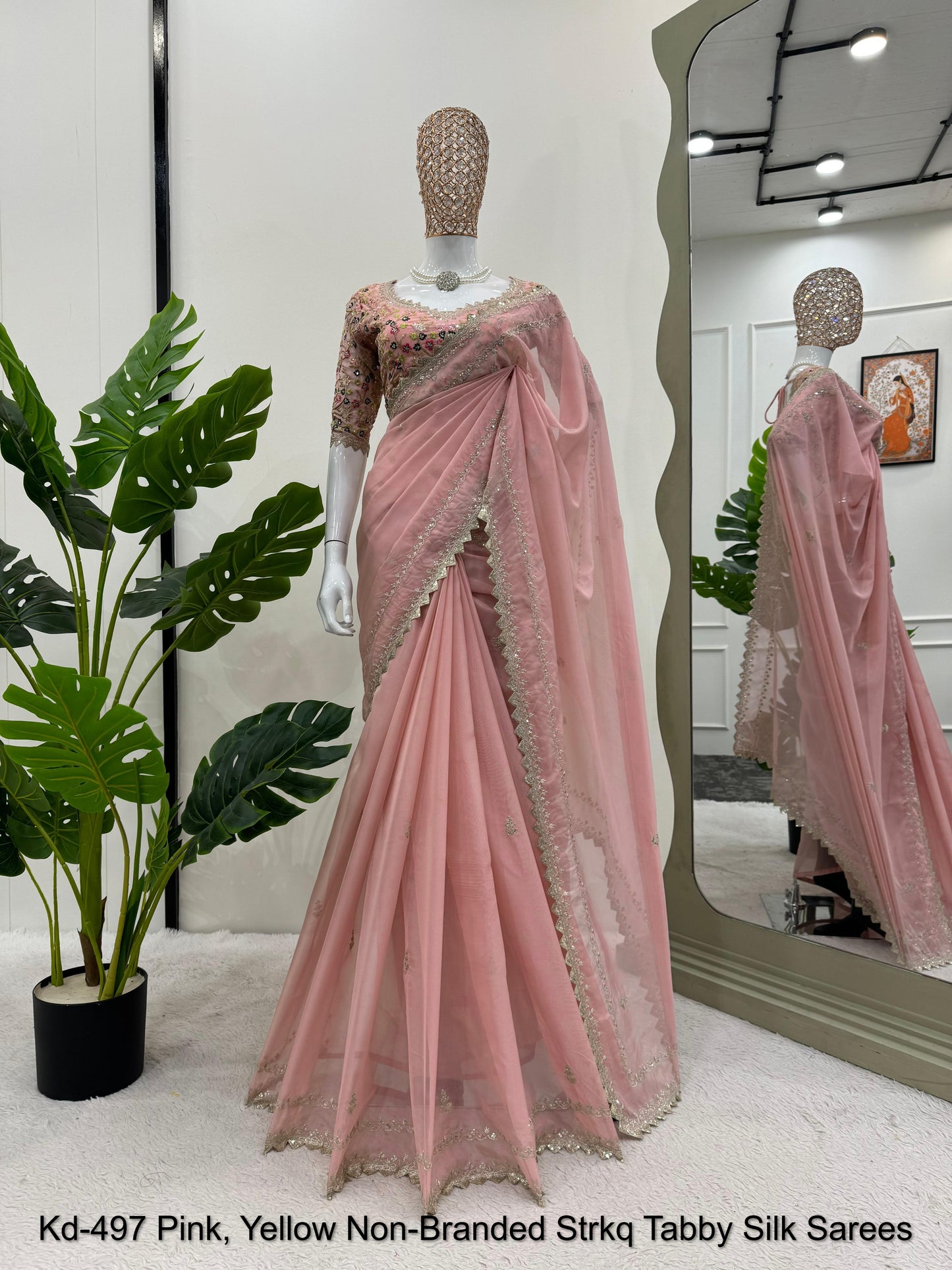 Kd-497 Pink, Yellow Non-Branded Strkq Tabby Silk Sarees