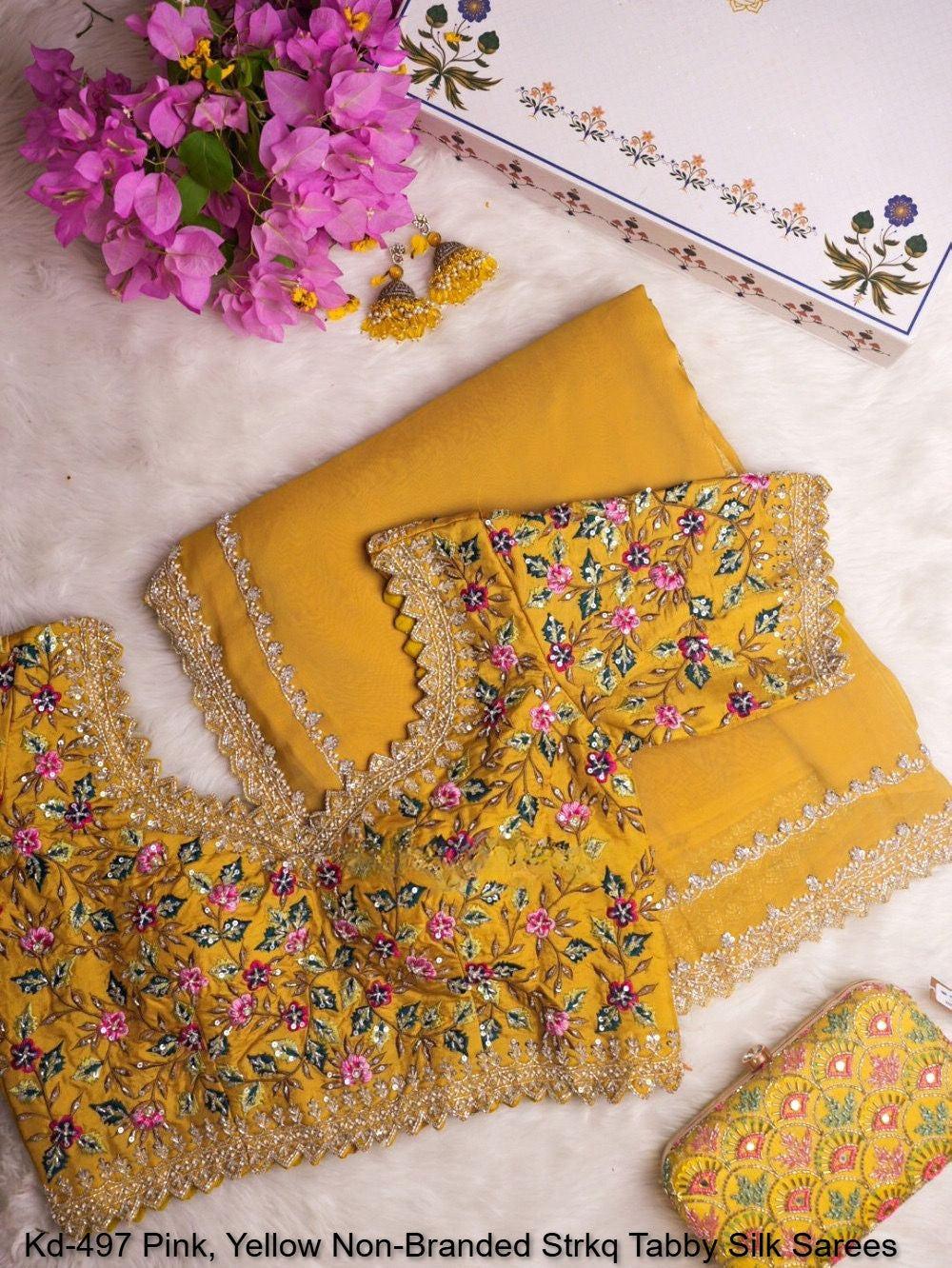 Kd-497 Pink, Yellow Non-Branded Strkq Tabby Silk Sarees