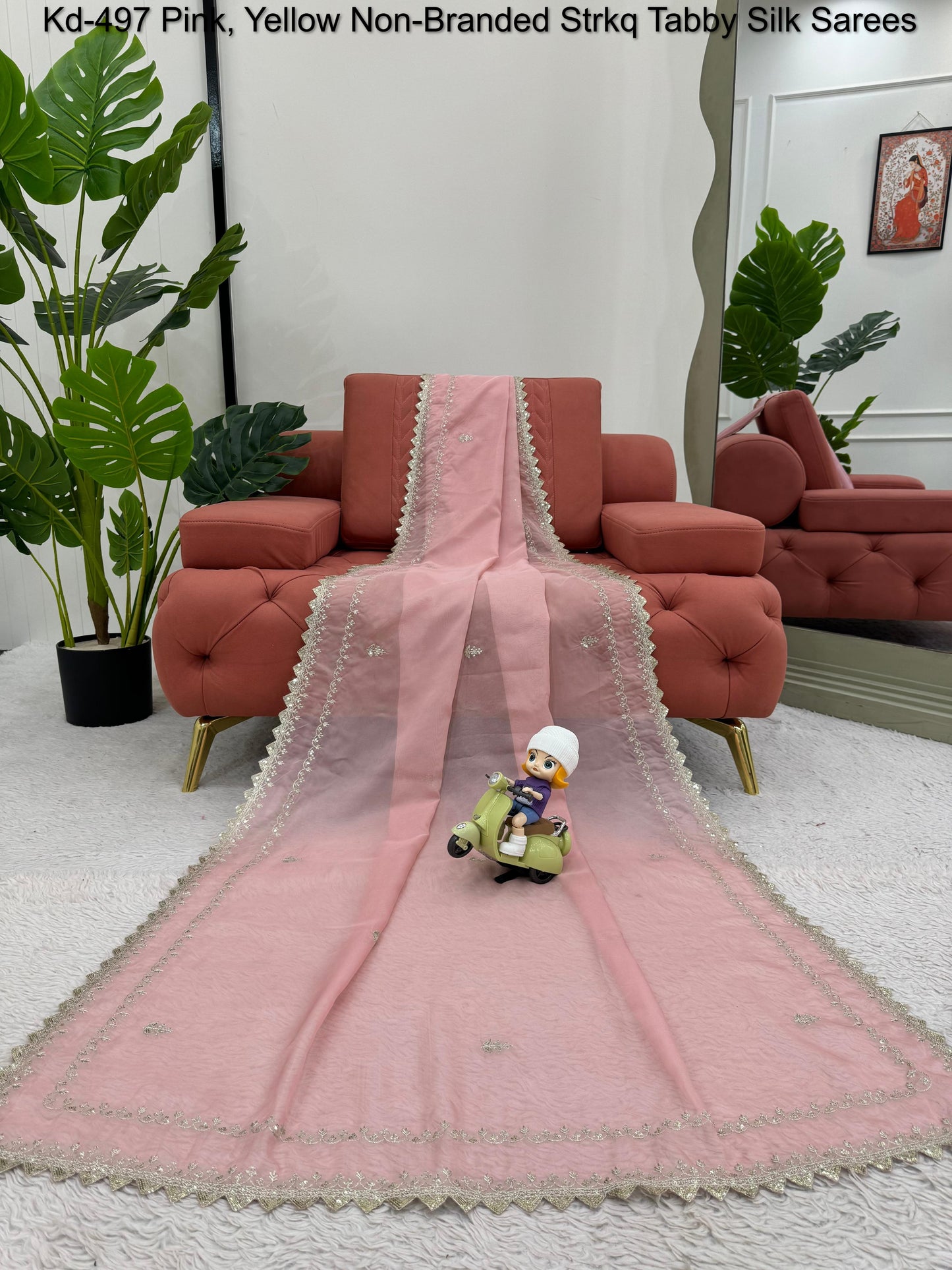 Kd-497 Pink, Yellow Non-Branded Strkq Tabby Silk Sarees