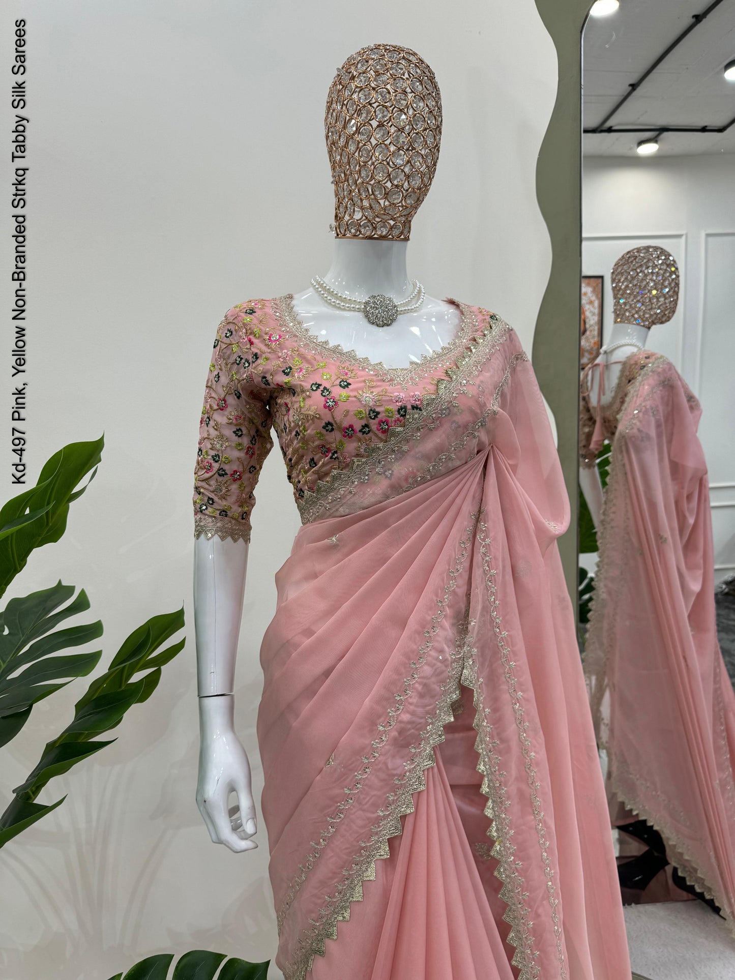 Kd-497 Pink, Yellow Non-Branded Strkq Tabby Silk Sarees