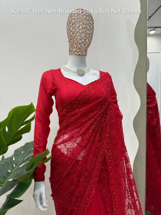 Kd-507 Red Non-Branded Strkq Soft Net Sarees
