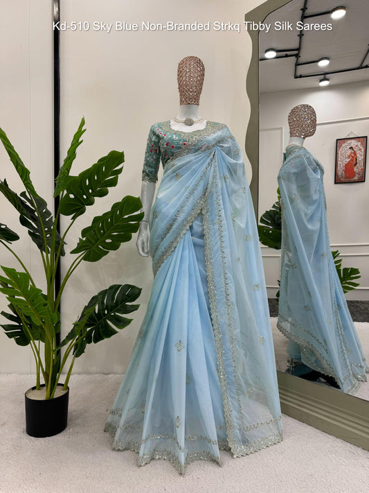 Kd-510 Sky Blue Non-Branded Strkq Tibby Silk Sarees