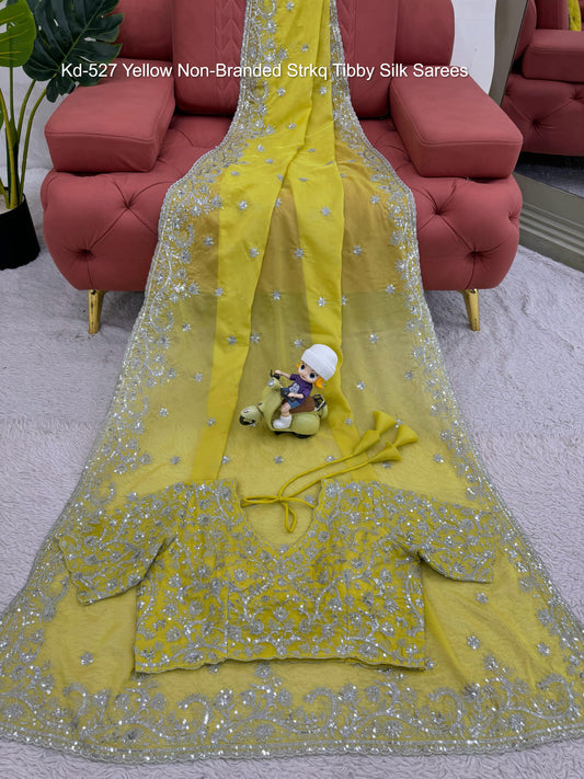 Kd-527 Yellow Non-Branded Strkq Tibby Silk Sarees