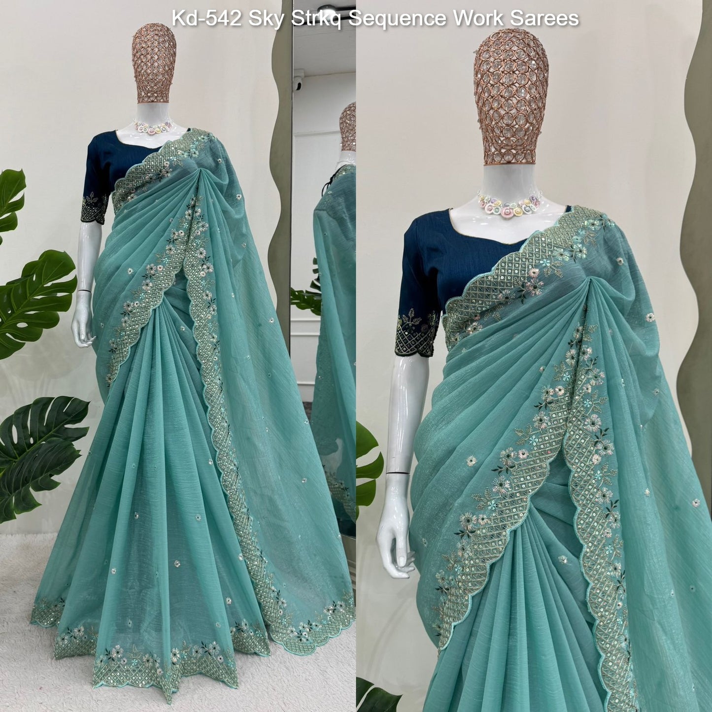 Kd-542 Sky Strkq Sequence Work Sarees