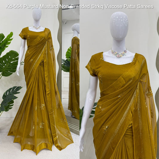 Kd-564 Purple Mustard Non-Branded Strkq Viscose Patta Sarees