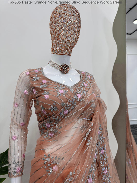 Kd-565 Pastel Orange Non-Branded Strkq Sequence Work Sarees