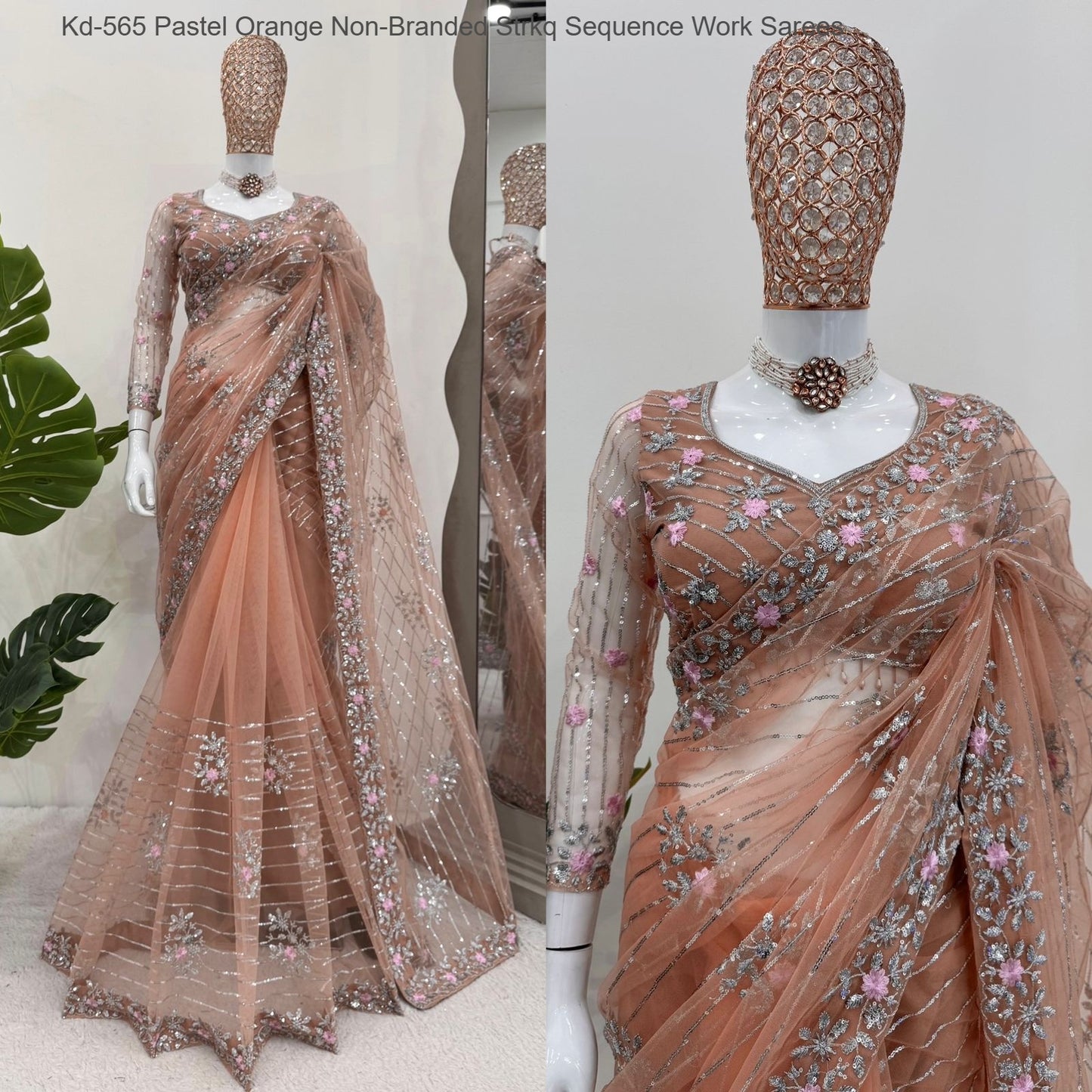 Kd-565 Pastel Orange Non-Branded Strkq Sequence Work Sarees