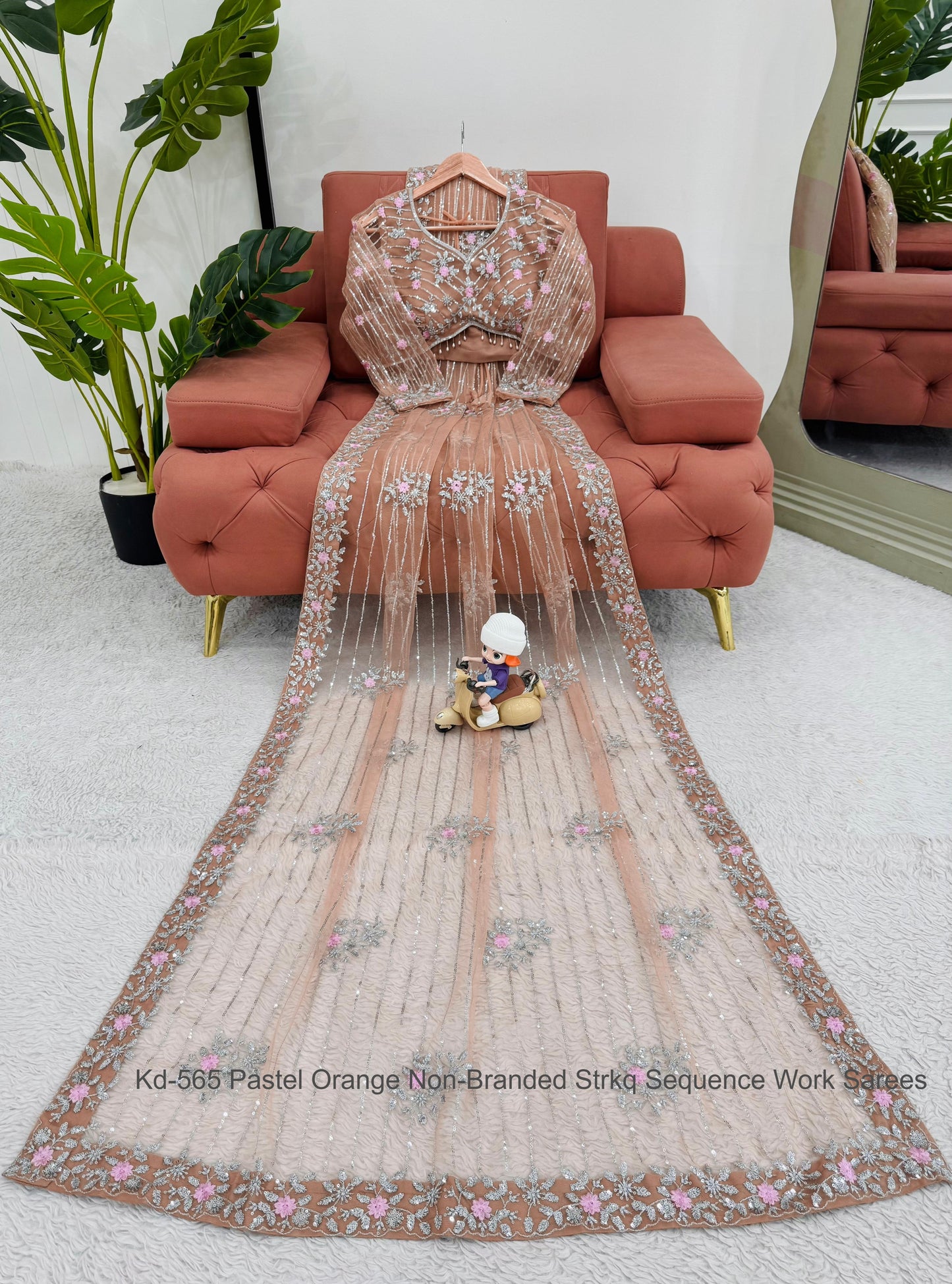Kd-565 Pastel Orange Non-Branded Strkq Sequence Work Sarees