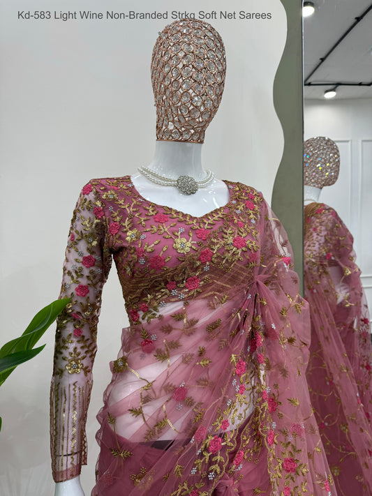 Kd-583 Light Wine Non-Branded Strkq Soft Net Sarees