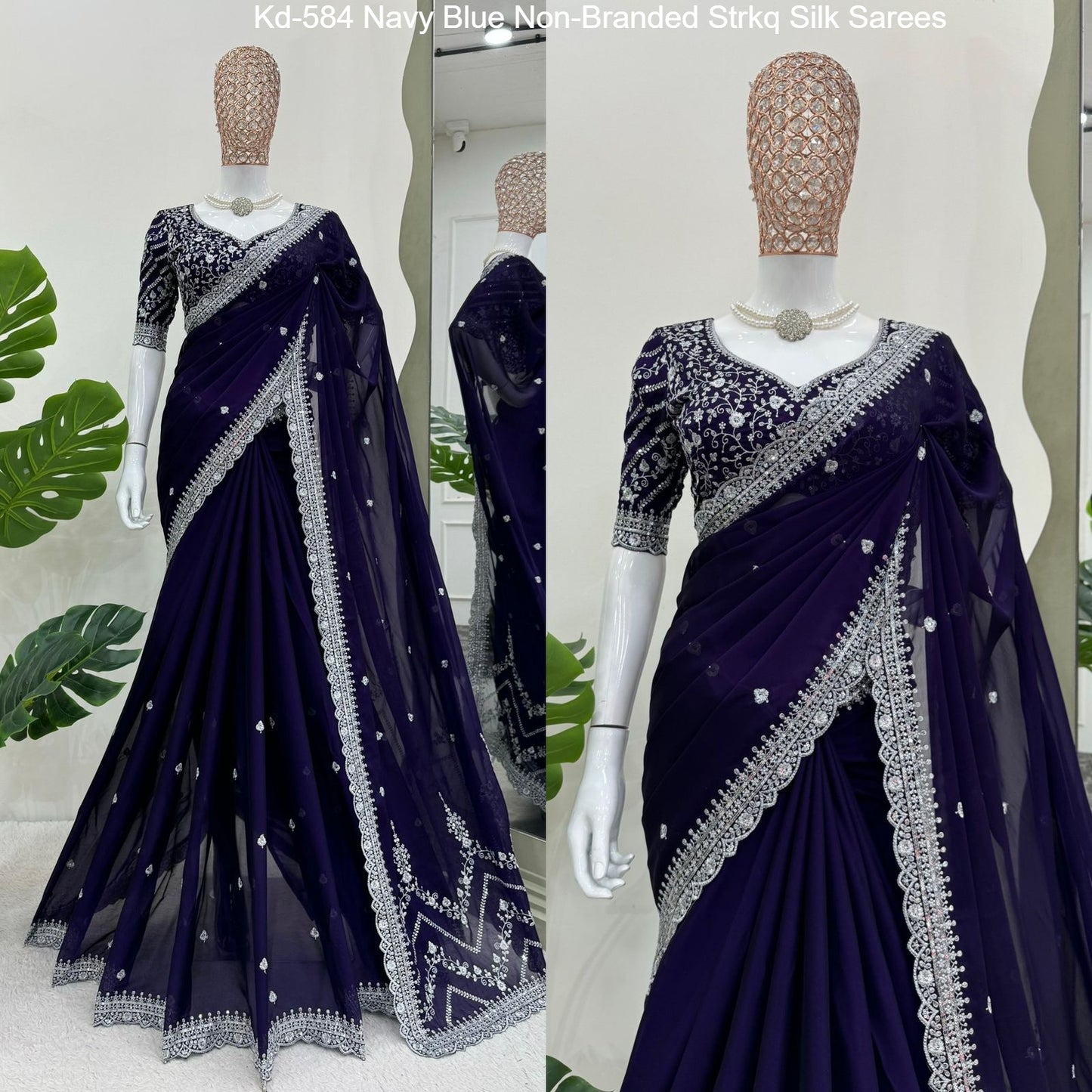 Kd-584 Navy Blue Non-Branded Strkq Silk Sarees