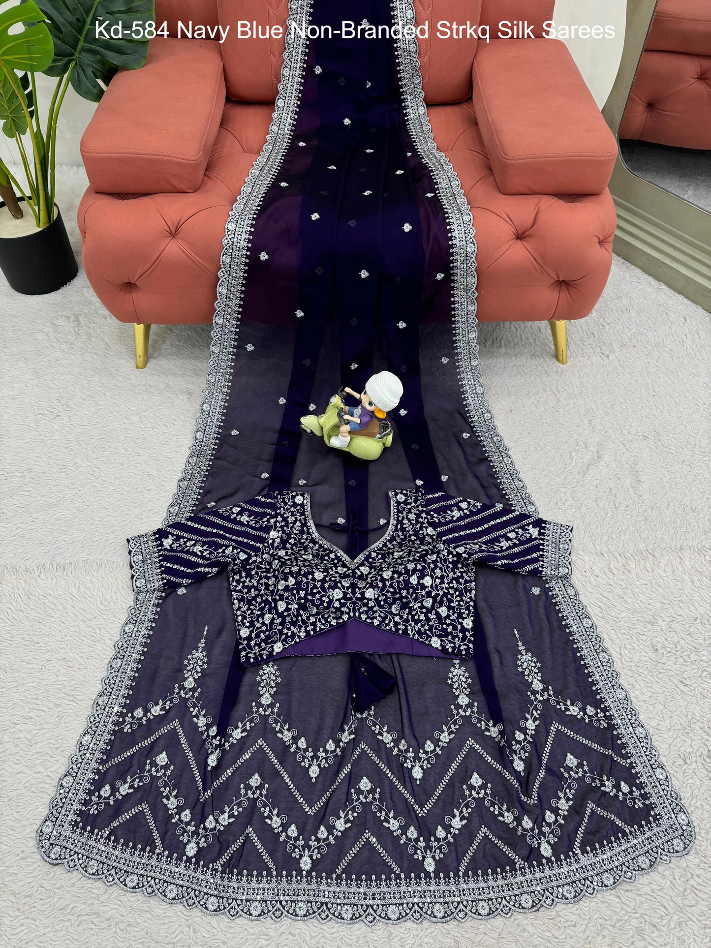 Kd-584 Navy Blue Non-Branded Strkq Silk Sarees