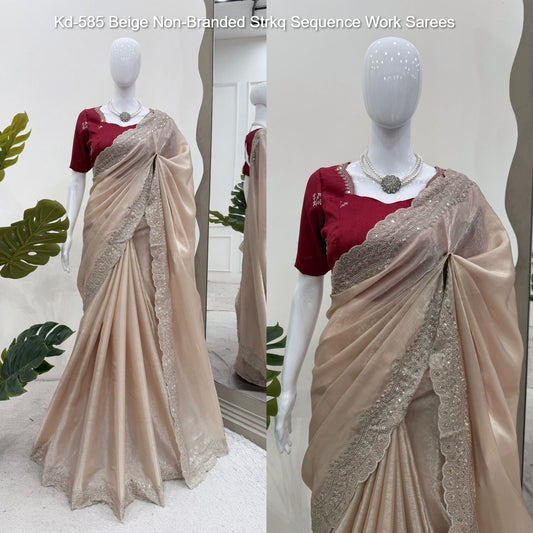 Kd-585 Beige Non-Branded Strkq Sequence Work Sarees