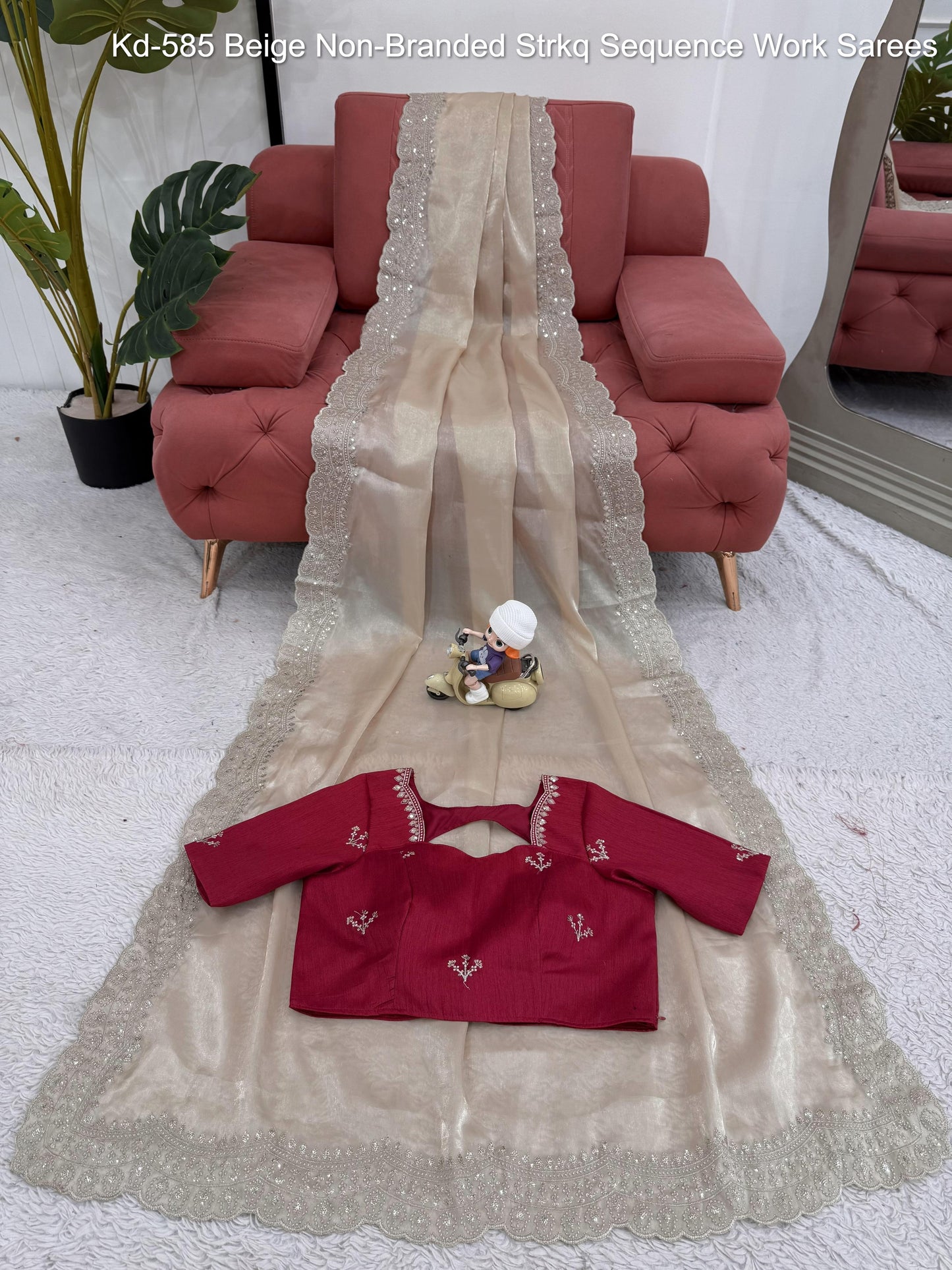 Kd-585 Beige Non-Branded Strkq Sequence Work Sarees