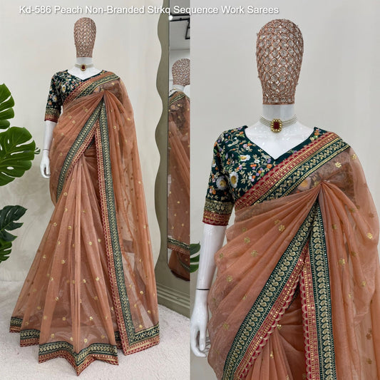 Kd-586 Peach Non-Branded Strkq Sequence Work Sarees