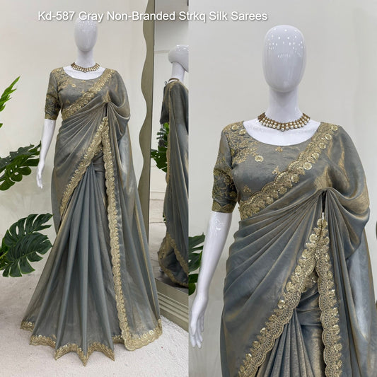 Kd-587 Gray Non-Branded Strkq Silk Sarees