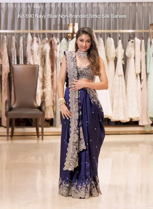 Kd-590 Navy Blue Non-Branded Strkq Silk Sarees