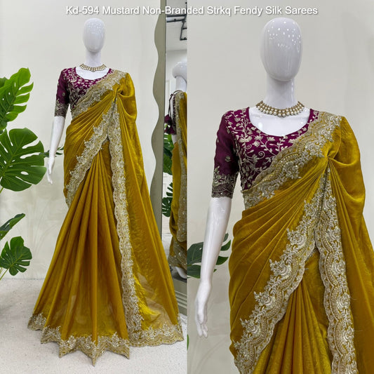 Kd-594 Mustard Non-Branded Strkq Fendy Silk Sarees