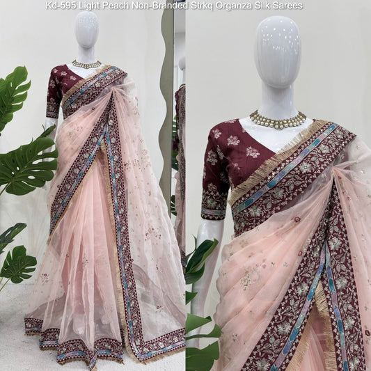 Kd-595 Light Peach Non-Branded Strkq Organza Silk Sarees