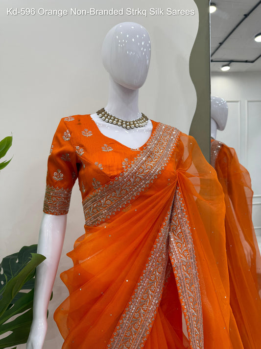 Kd-596 Orange Non-Branded Strkq Silk Sarees