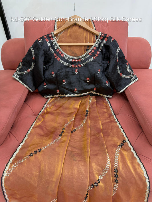 Kd-597 Golden Non-Branded Strkq Silk Sarees