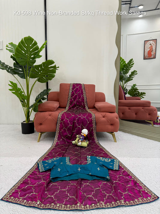 Kd-598 Wine Non-Branded Strkq Thread Work Sarees